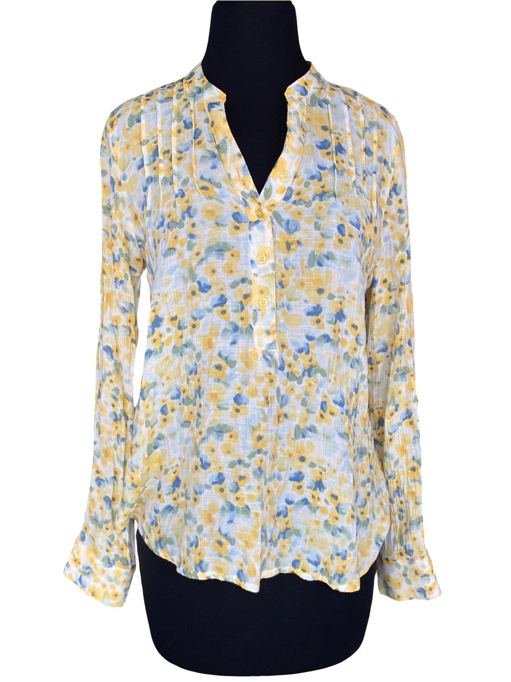 Zac & Rachel floral yellow and blue split neck button down blouse size small
